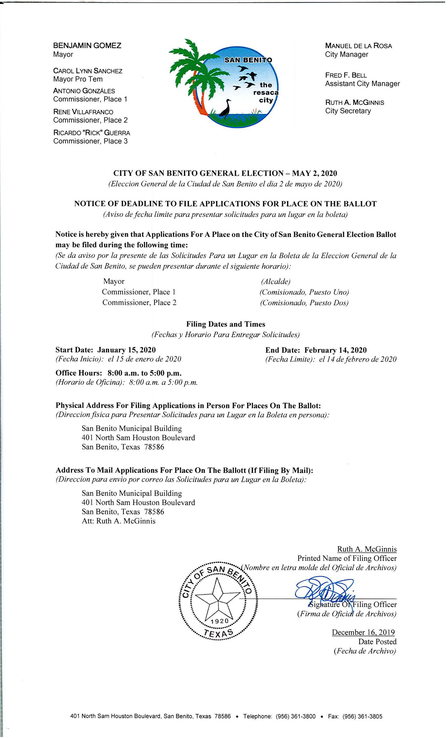 Notice of Deadline to File Apps For Place on Ballot Posted 12.16.2019