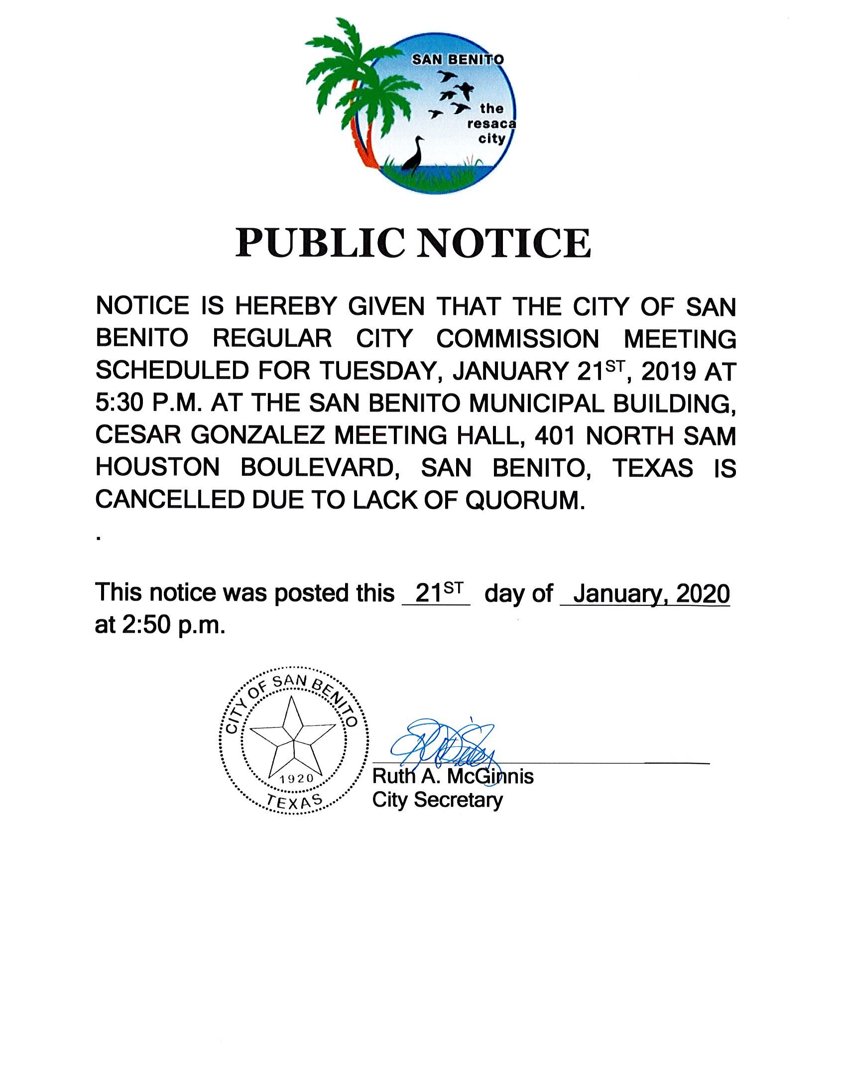 Public Notice Jan 21 2020 RCCM Cancelled Lackof Quorum 01.21.20