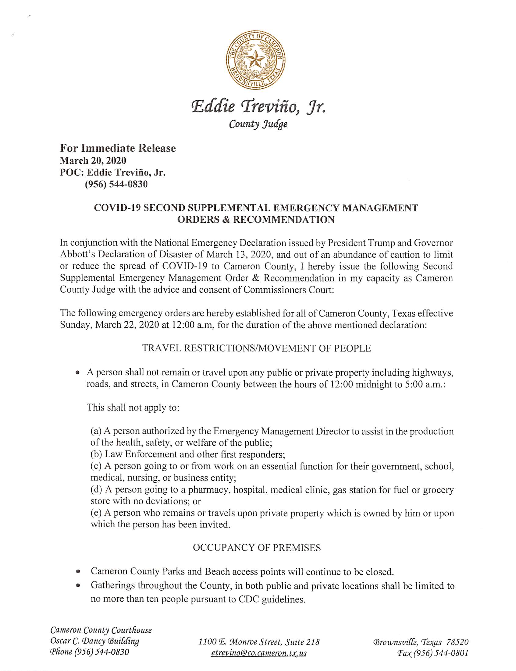 Order 2nd Supplemental Emergency Management Order (00000003)2020.03.20 - No. 7 - Immediate Release -