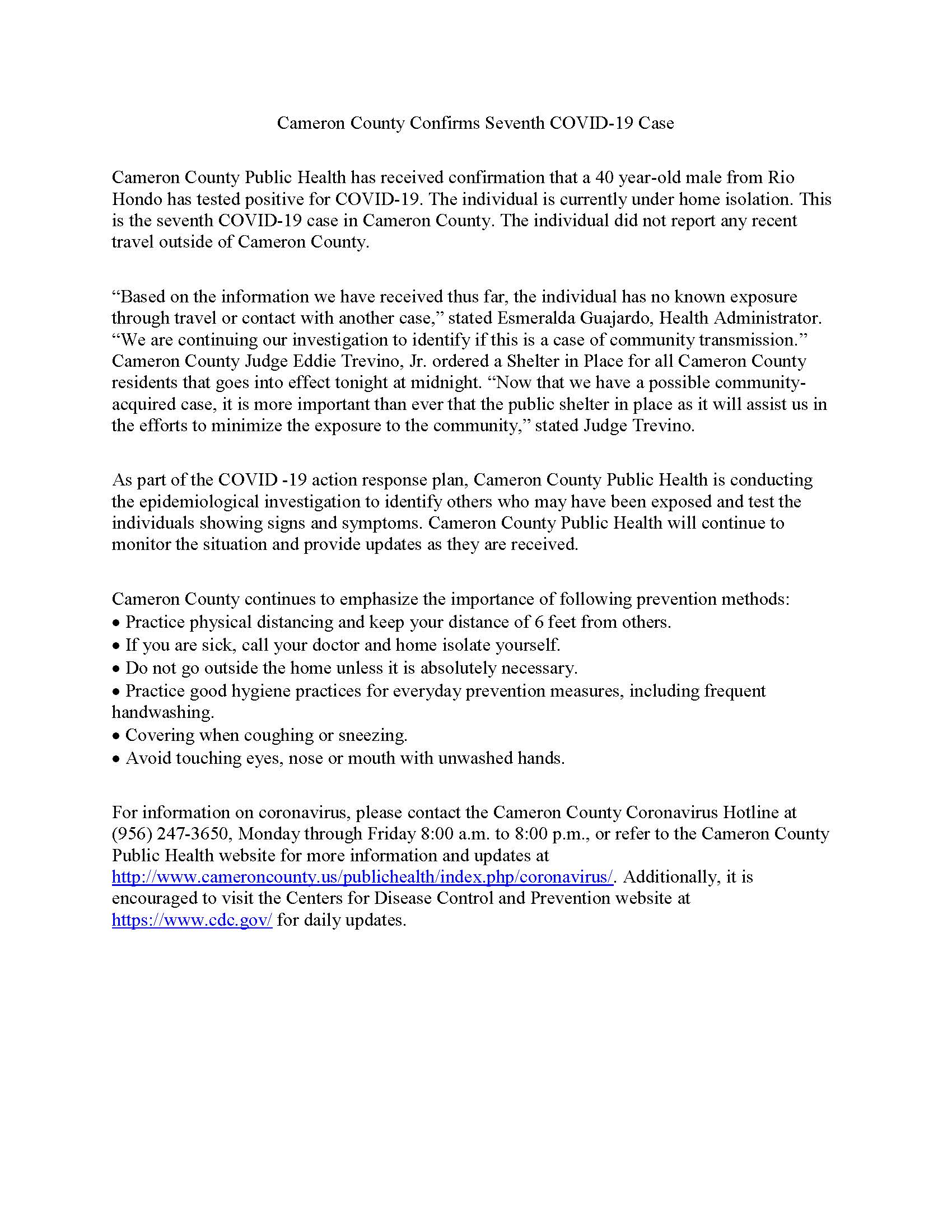 Cameron County Confirms Seventh COVID statement