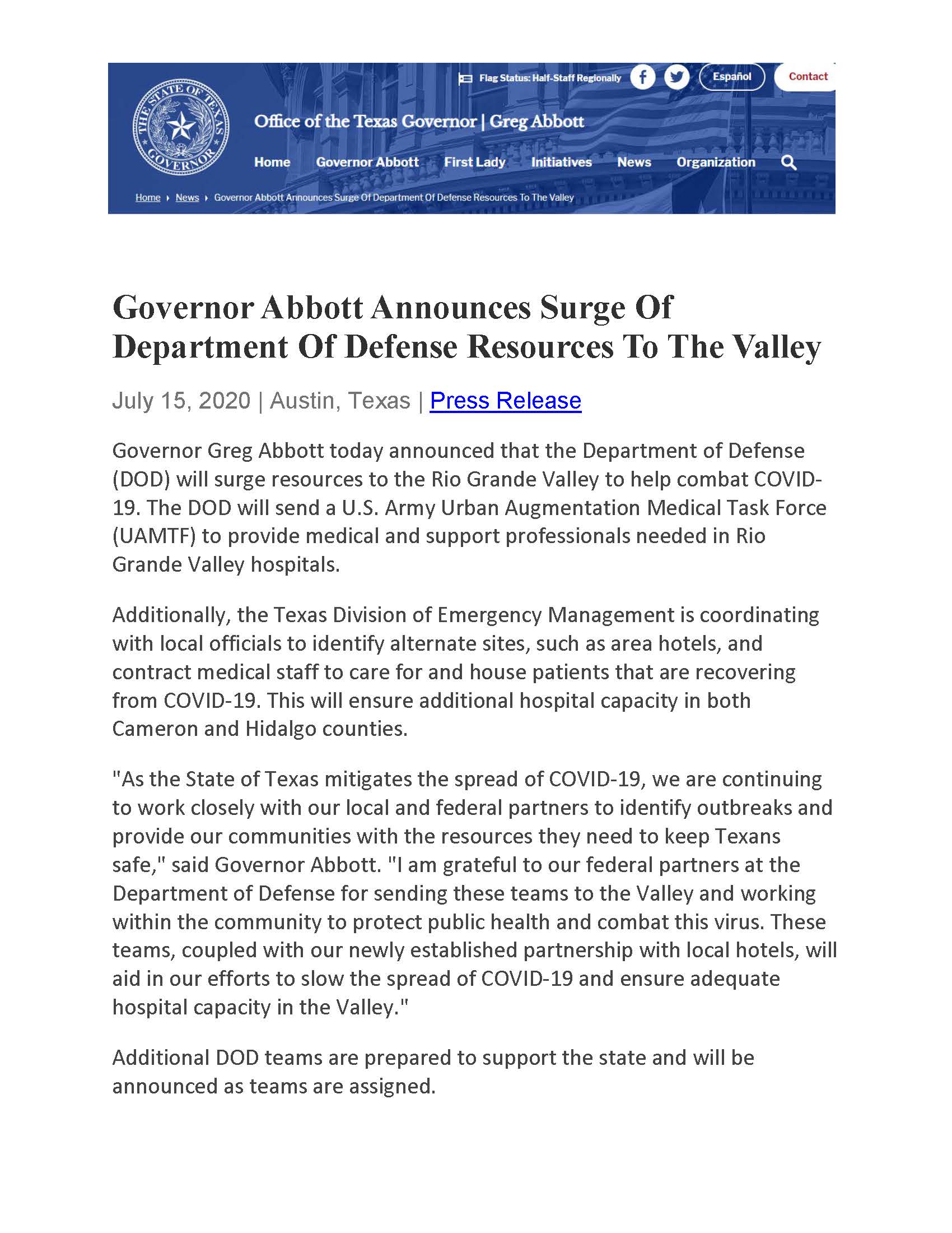 Governor Abbott Announces Surge Of Department Of Defense Resources To The Valley