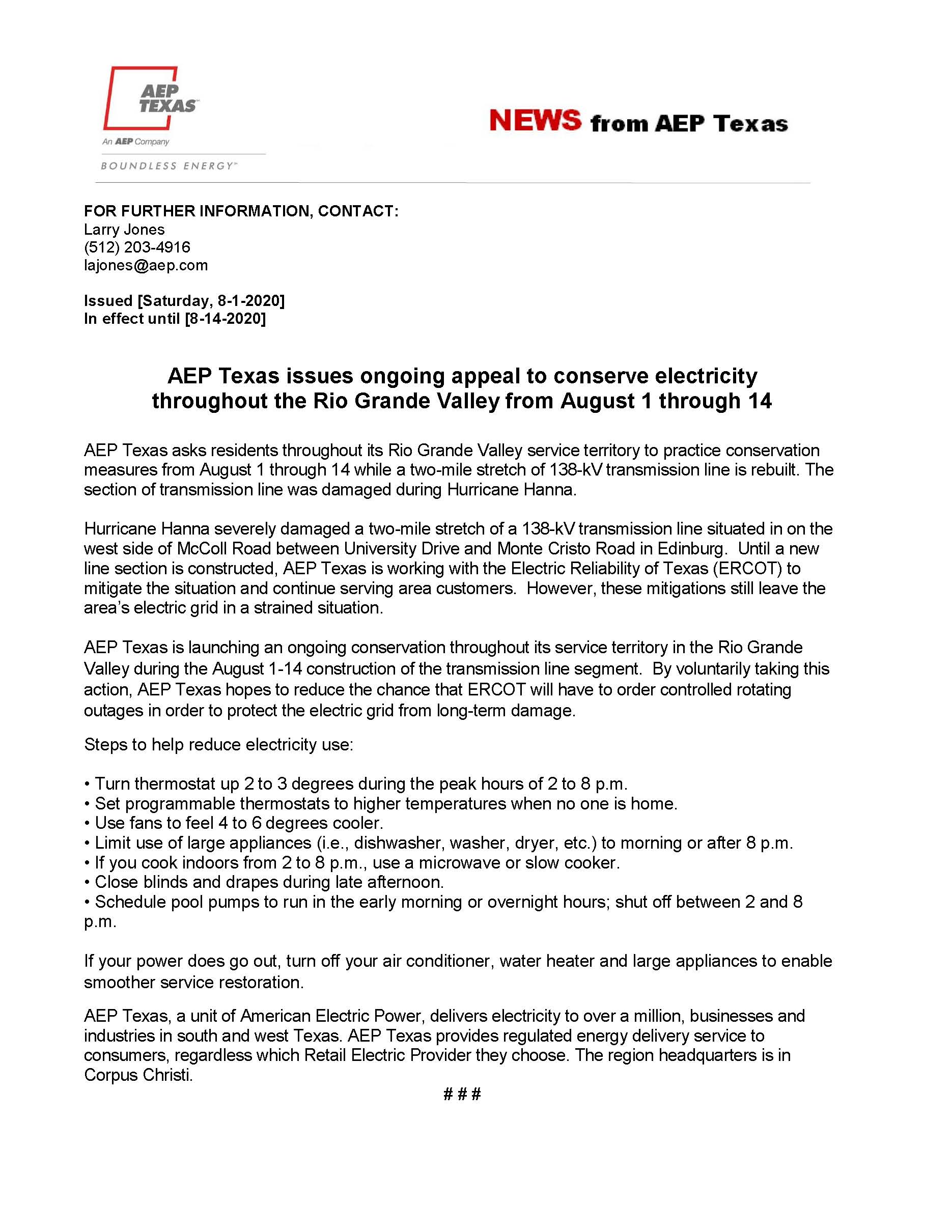 AEP Texas Requests Voluntary Conservation of Electricity