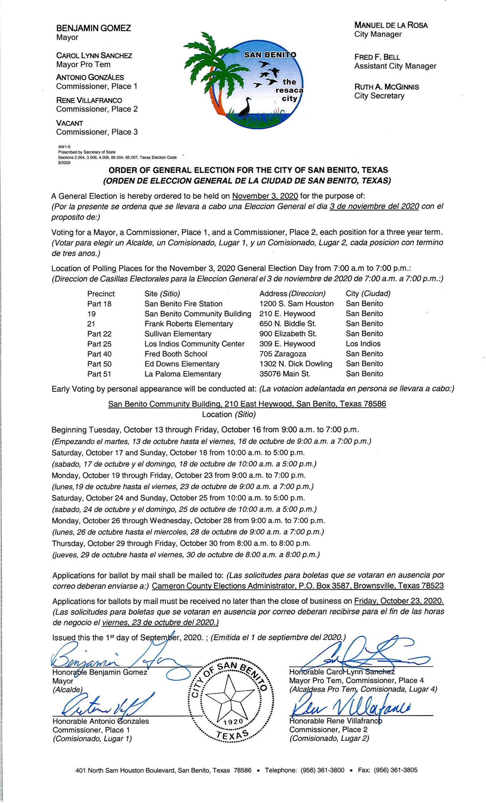 November 3, 2020 General Election Order