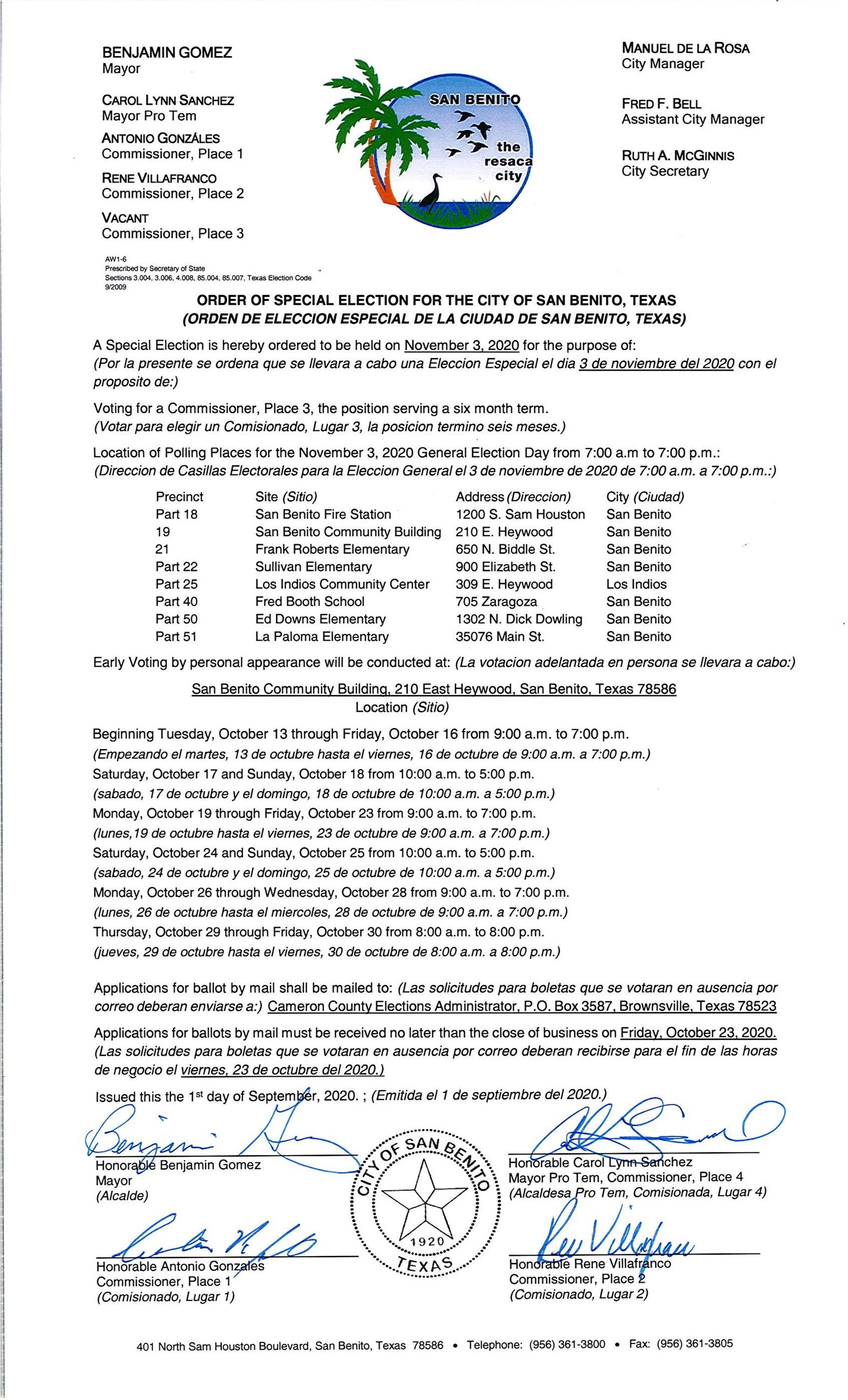 Order of Special Election for the City of San Benito