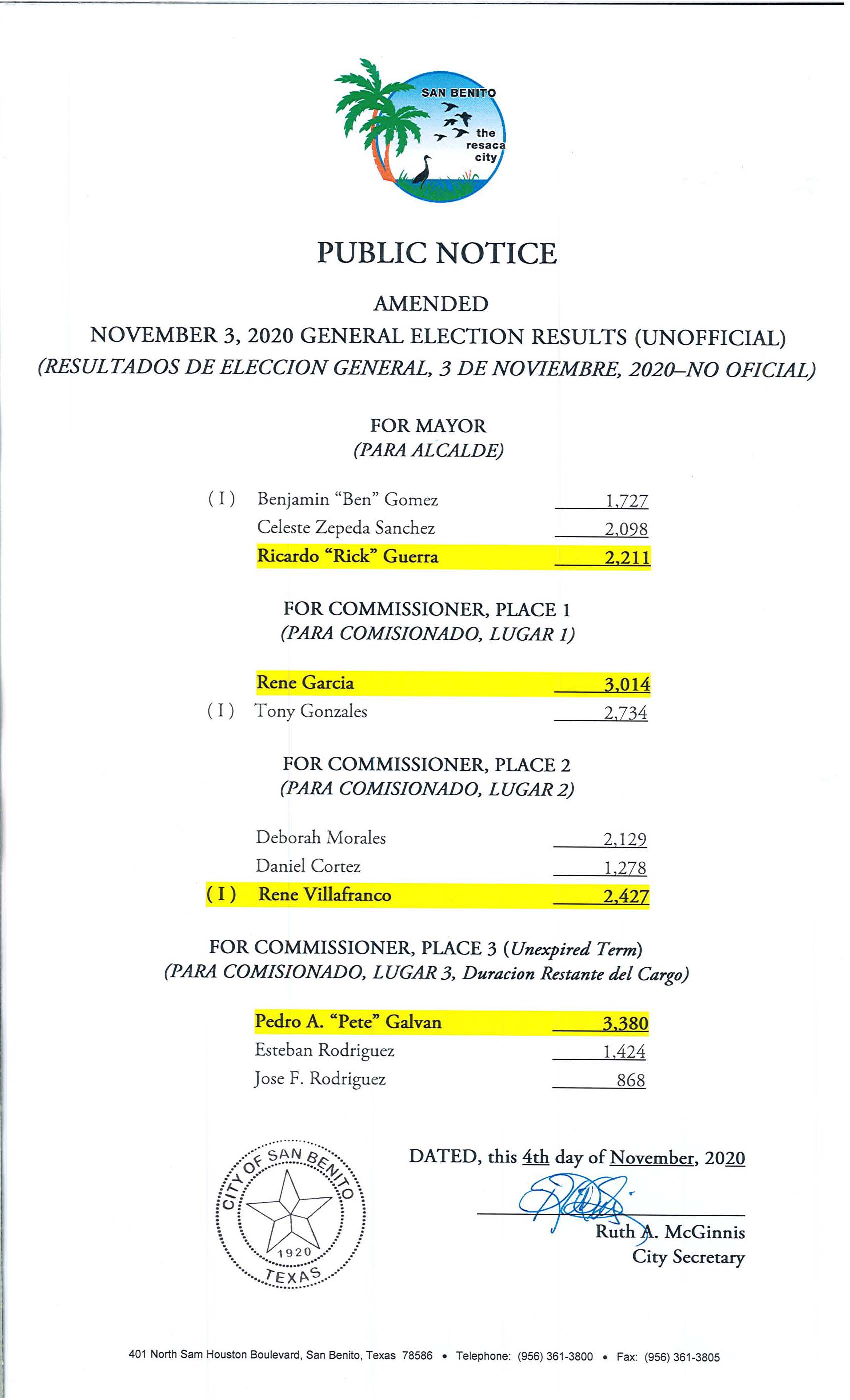 November 3, 2020 General Election Final Results (Unofficial)