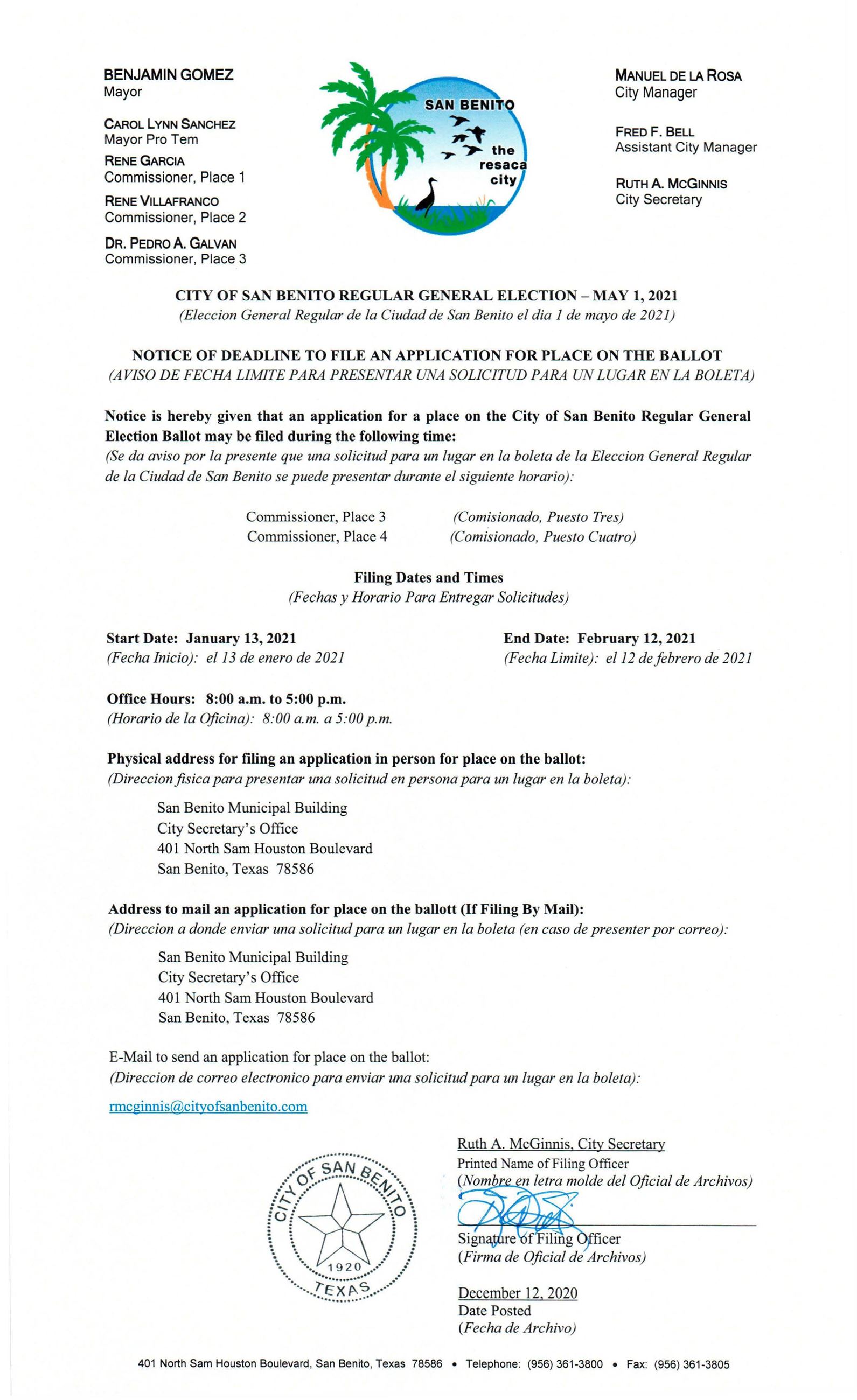 May 1, 2021 Regular General Election Notice Of Deadline To File An Application For Place On Ballot