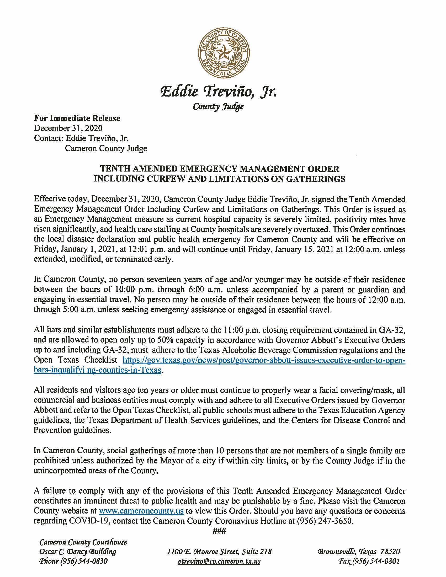 Tenth Amended Emergency Management Order 