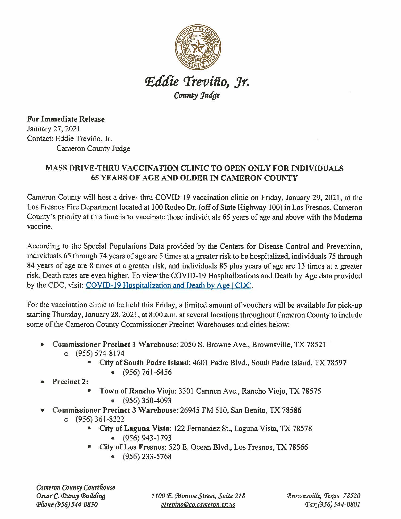 1.27.2021 Mass Drive Thru Vaccination Clinic to Open Only for Individuals 65 Years of age and older 