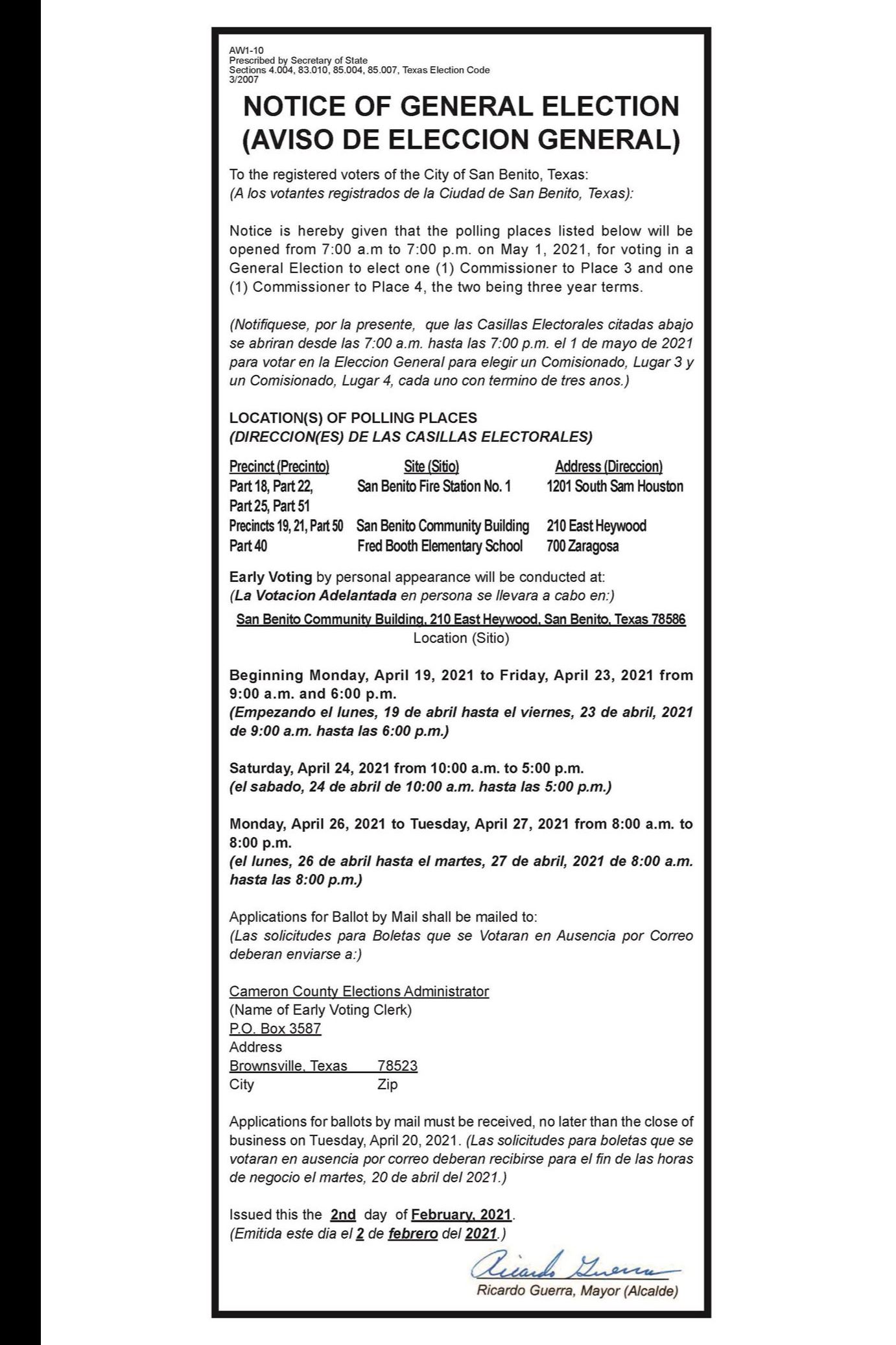 City of San Benito Notice of May 1, 2021 General Election
