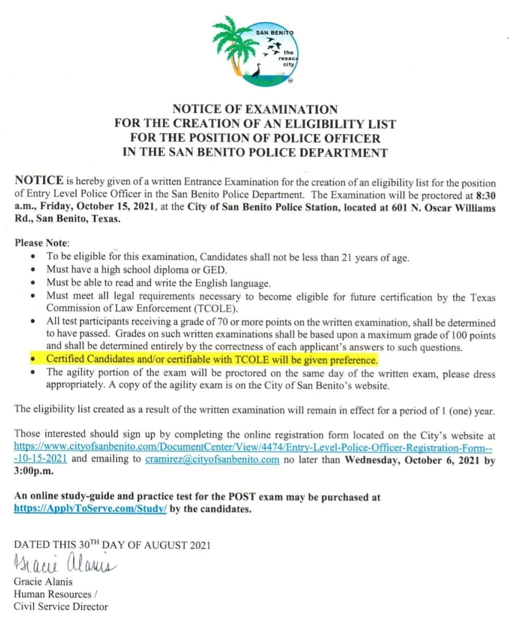 Notice of Examination