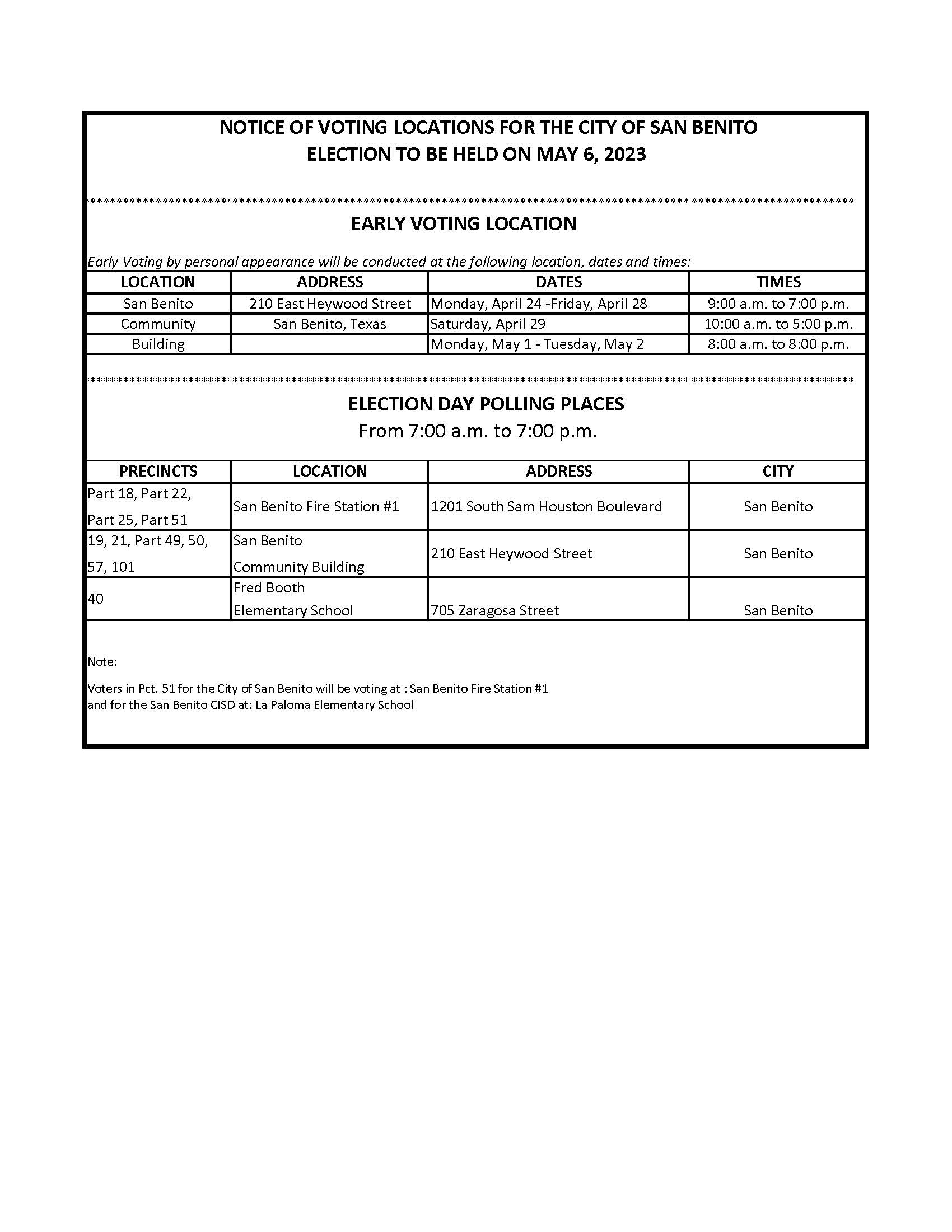 COSB Early Voting Locations and Election Day Polling Places