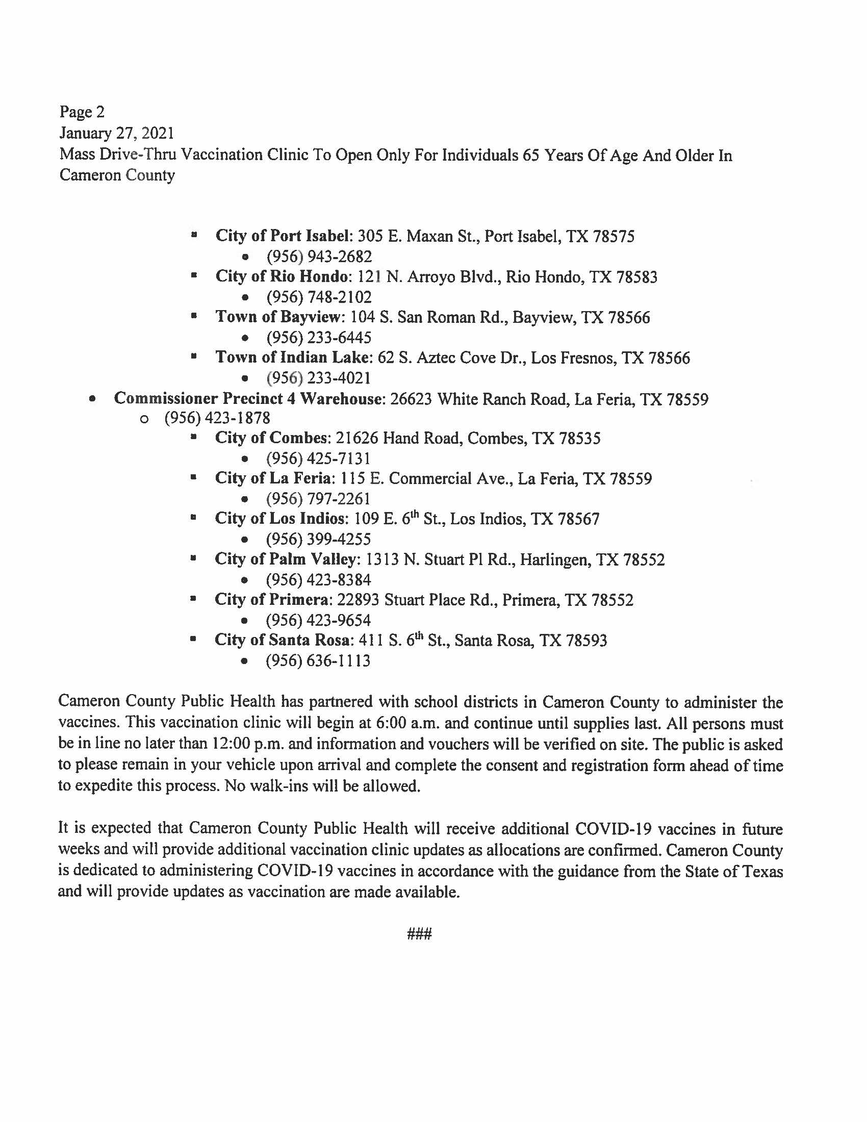 1.27.2021 Mass Drive Thru Vaccination Clinic to Open Only for Individuals 65 Years of age and older