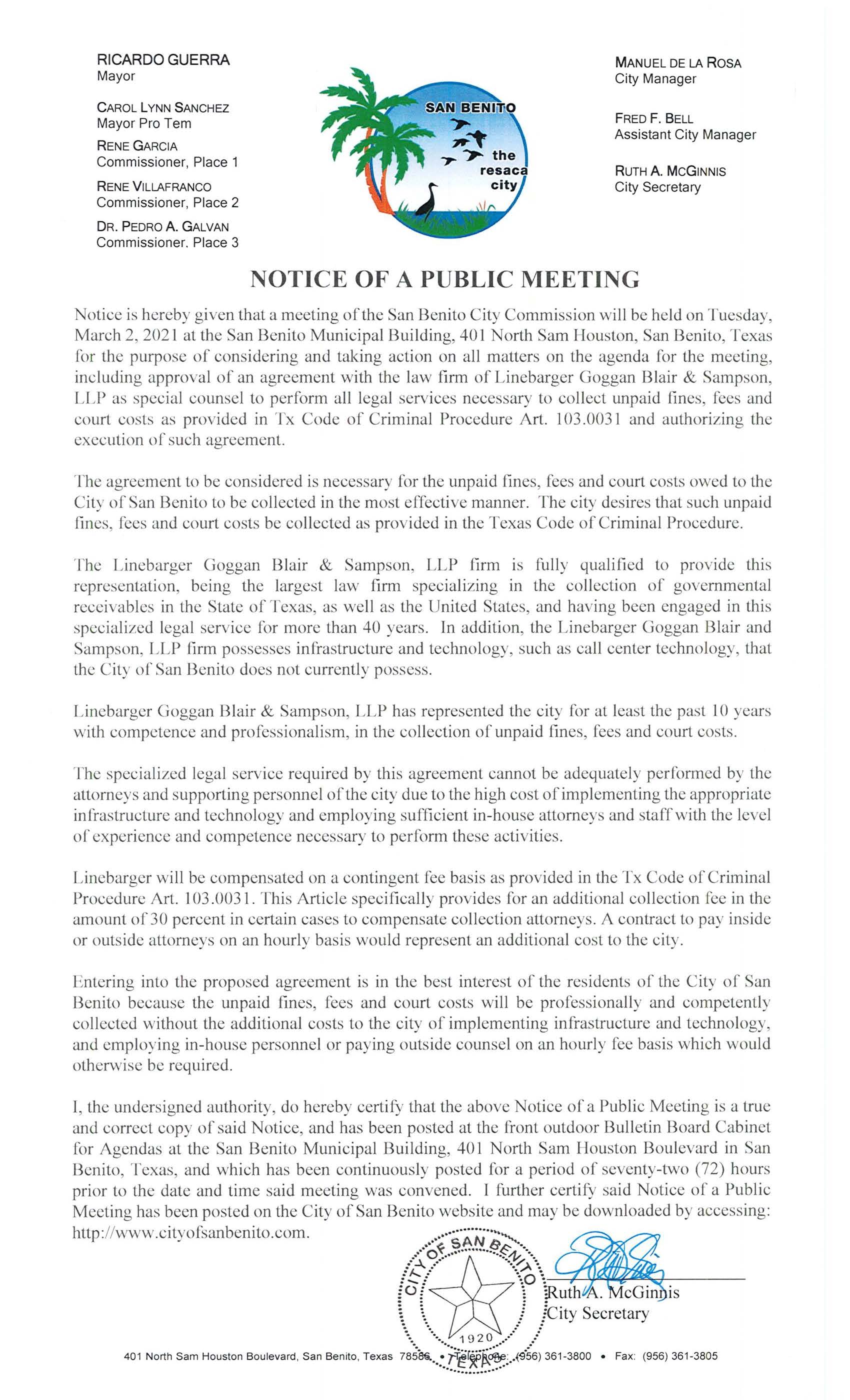 Municipal Court Fees Public Notice of Mtng Linebarger Posted 02.26.21