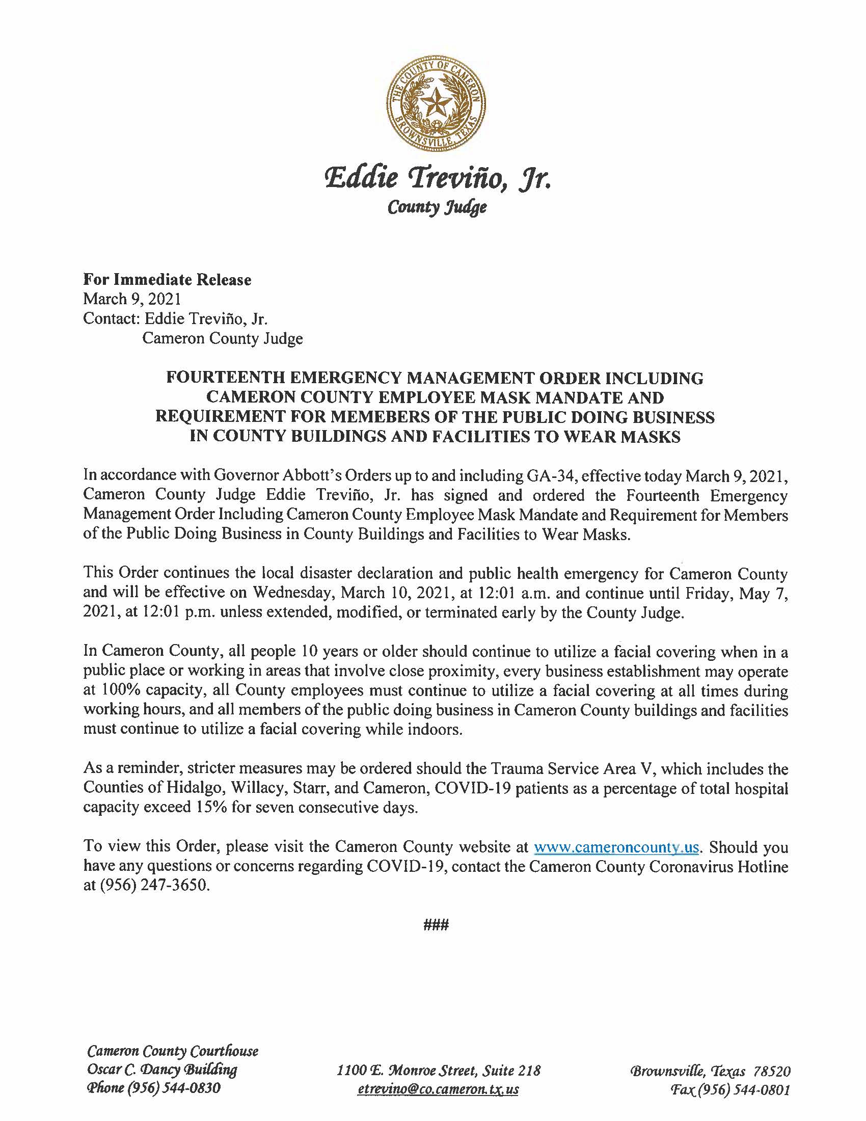 3.9.21 Press Release Fourteenth Esmergency Management Order