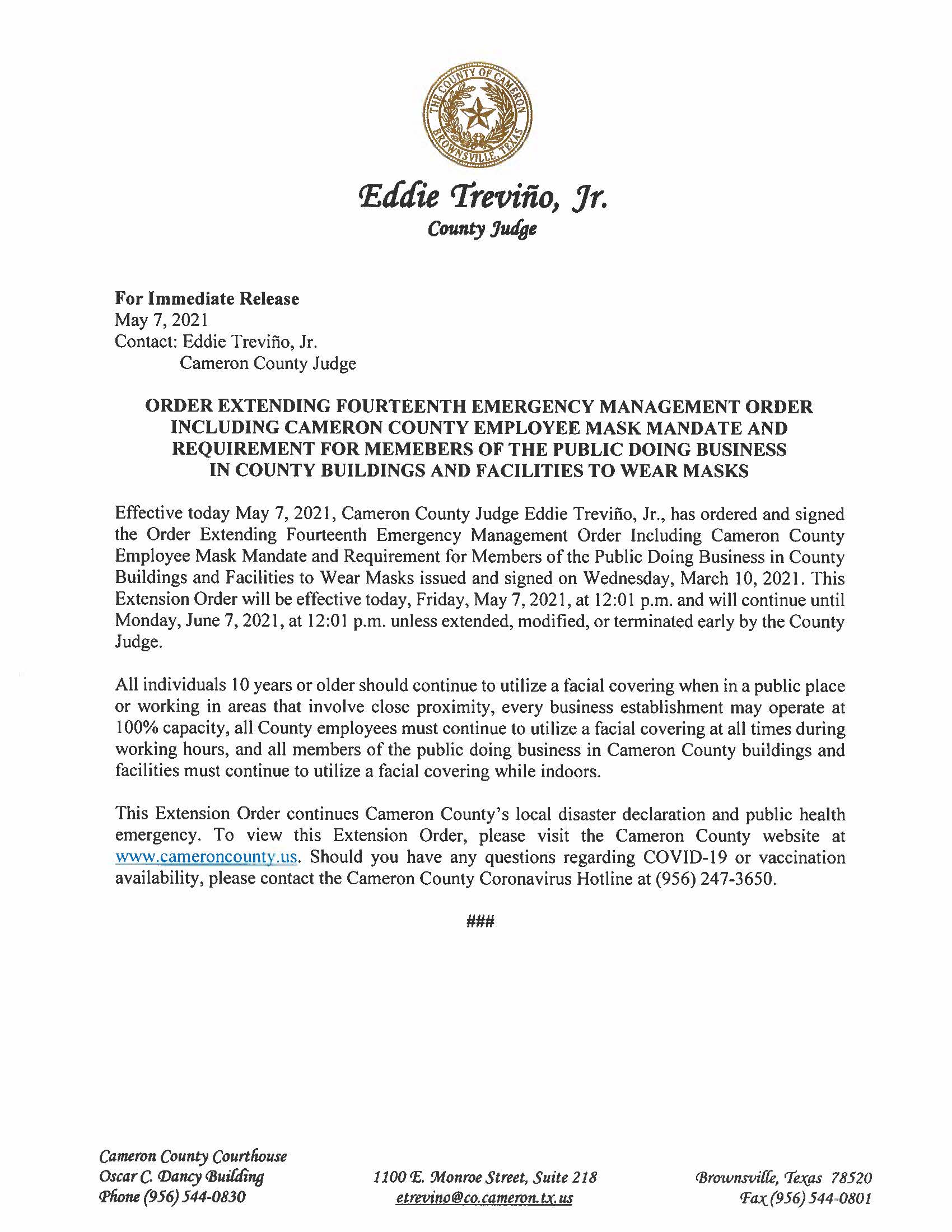 5.7.21 Press Release Extension of 14th Emergency Order