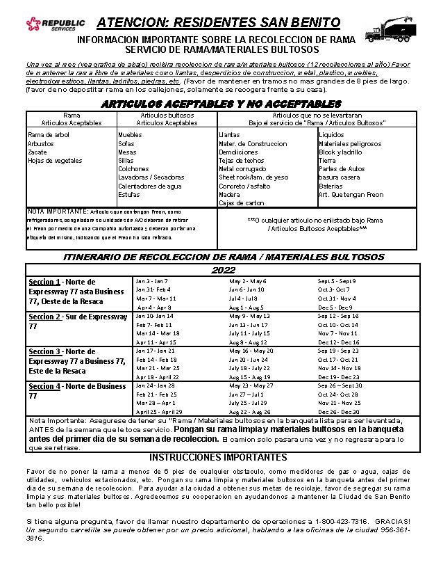 San Benito Brush/Bulk Collection Schedule Spanish