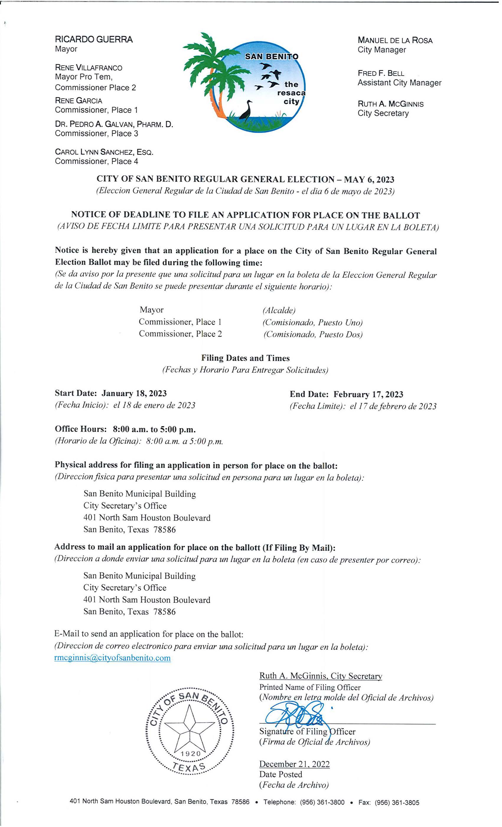 Notice Deadline File Application for Place on Ballot