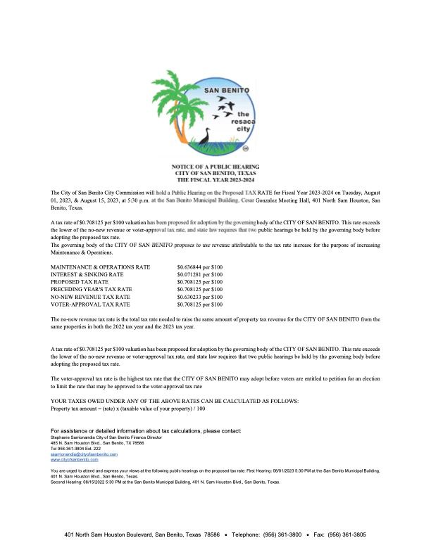 NOTICE OF PUBLIC HEARING ON TAX RATE 2023-2024