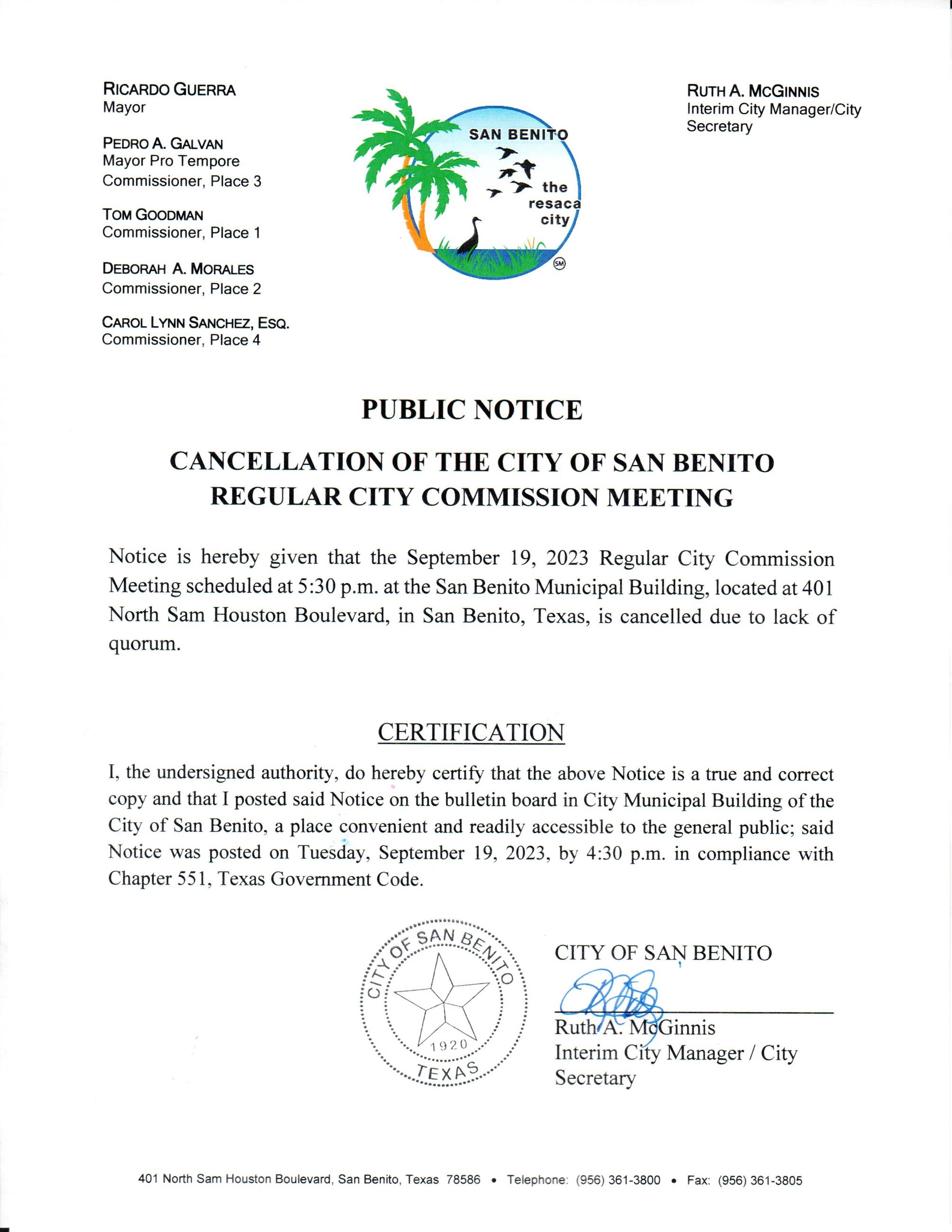 Cancelled September 19 2023 RCCM Due Lack of Quorum Posted 091923 430pm