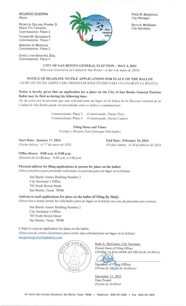 Notice of Deadline to File Application Ballot May 4 2024 Election