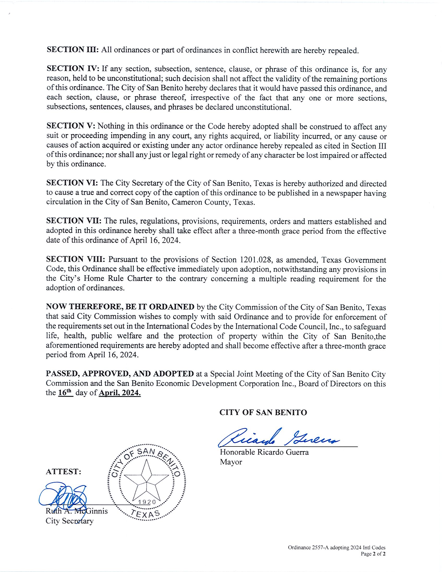 City of San Benito Ordinance 2557-A_ Adopting 2024 Edition Intl Codes Eff 04.16.24 (002)_Page_2